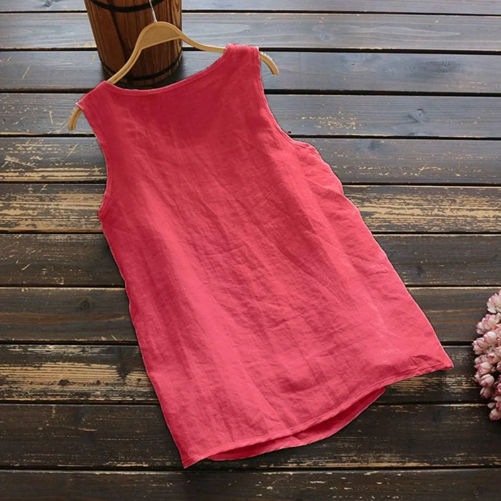 Women Linen Tank Top Button Down Crew Neck Wide Strap Loose Fit Tshirts Casual Vintage Going Out Summer Blouses