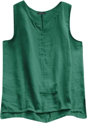 Women Linen Tank Top Button Down Crew Neck Wide Strap Loose Fit Tshirts Casual Vintage Going Out Summer Blouses