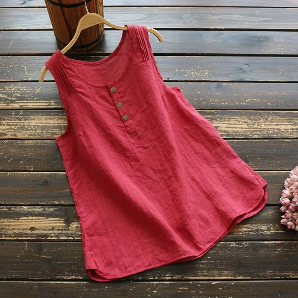 Women Linen Tank Top Button Down Crew Neck Wide Strap Loose Fit Tshirts Casual Vintage Going Out Summer Blouses