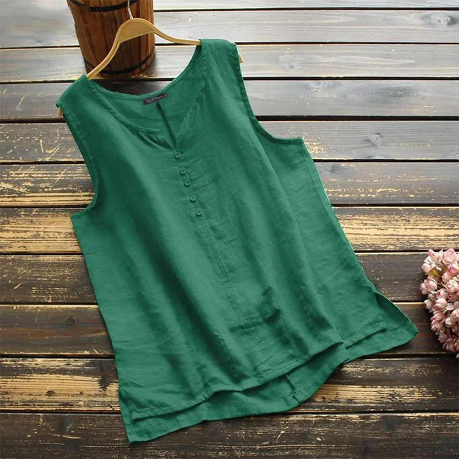 Women Linen Tank Top Button Down Crew Neck Wide Strap Loose Fit Tshirts Casual Vintage Going Out Summer Blouses