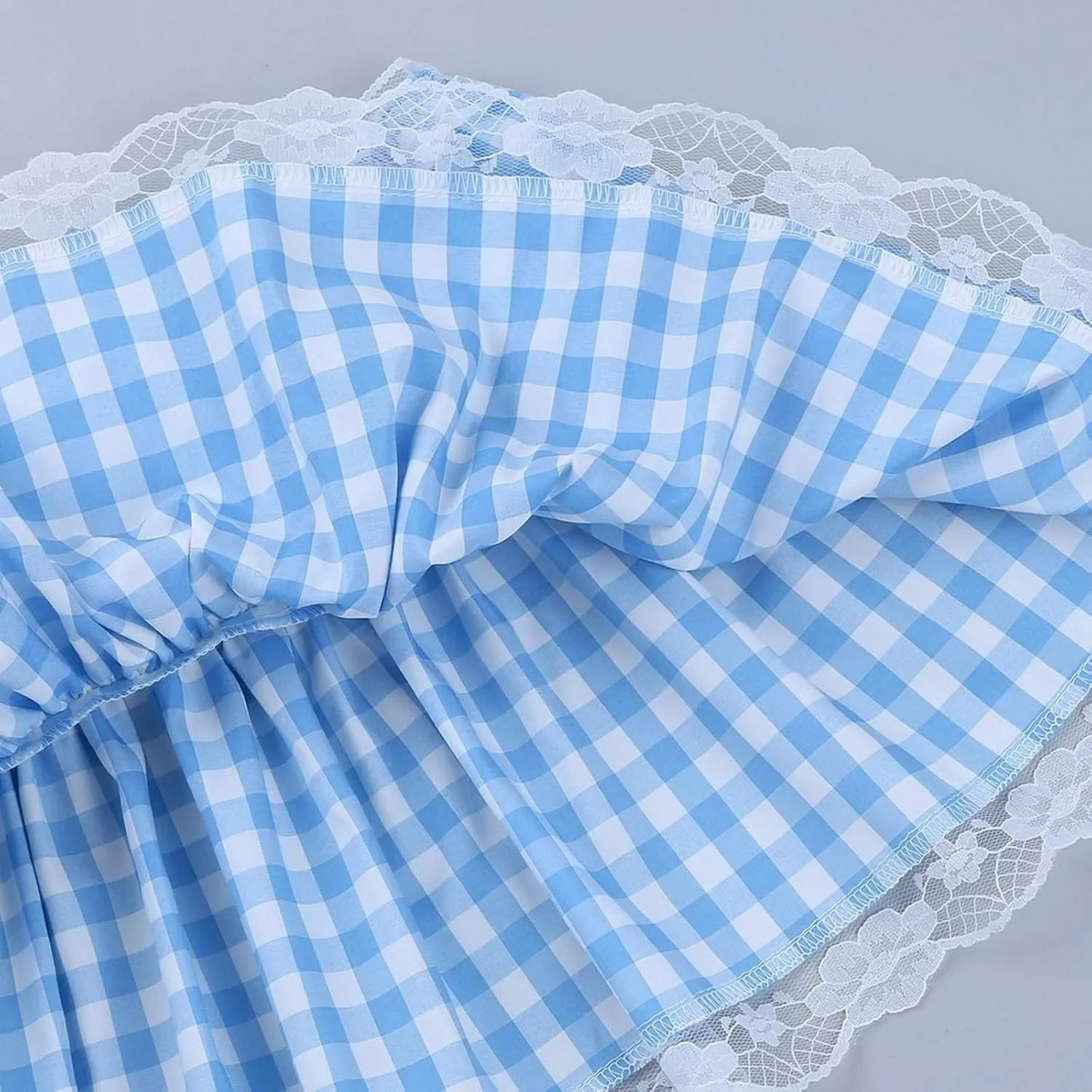 Women Plaid Pleated Mini Skirt Frilly Lace Gingham Ruffle Tutu Micro Skirt Fairy Princess Costume