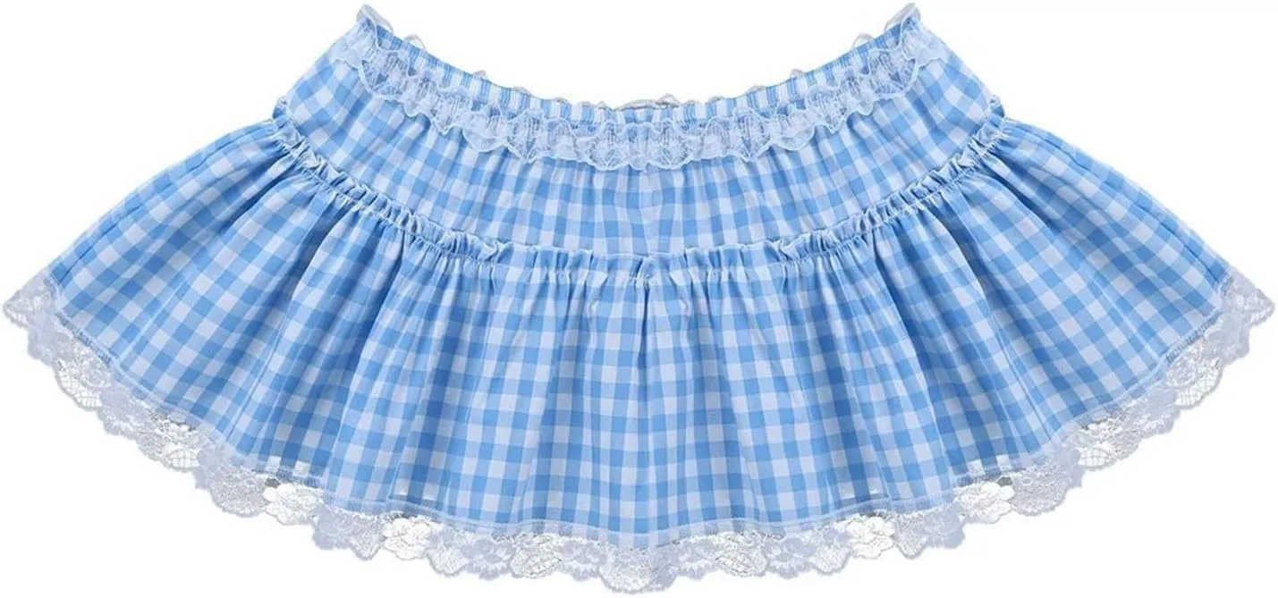 Women Plaid Pleated Mini Skirt Frilly Lace Gingham Ruffle Tutu Micro Skirt Fairy Princess Costume