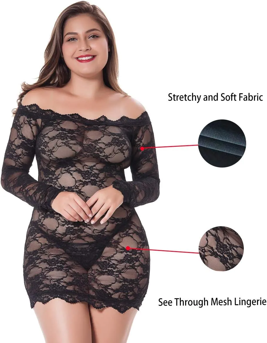 Women Plus Size Chemise Lingerie Sexy Lace Babydoll Bodysuit Off Shoulder Nightdress