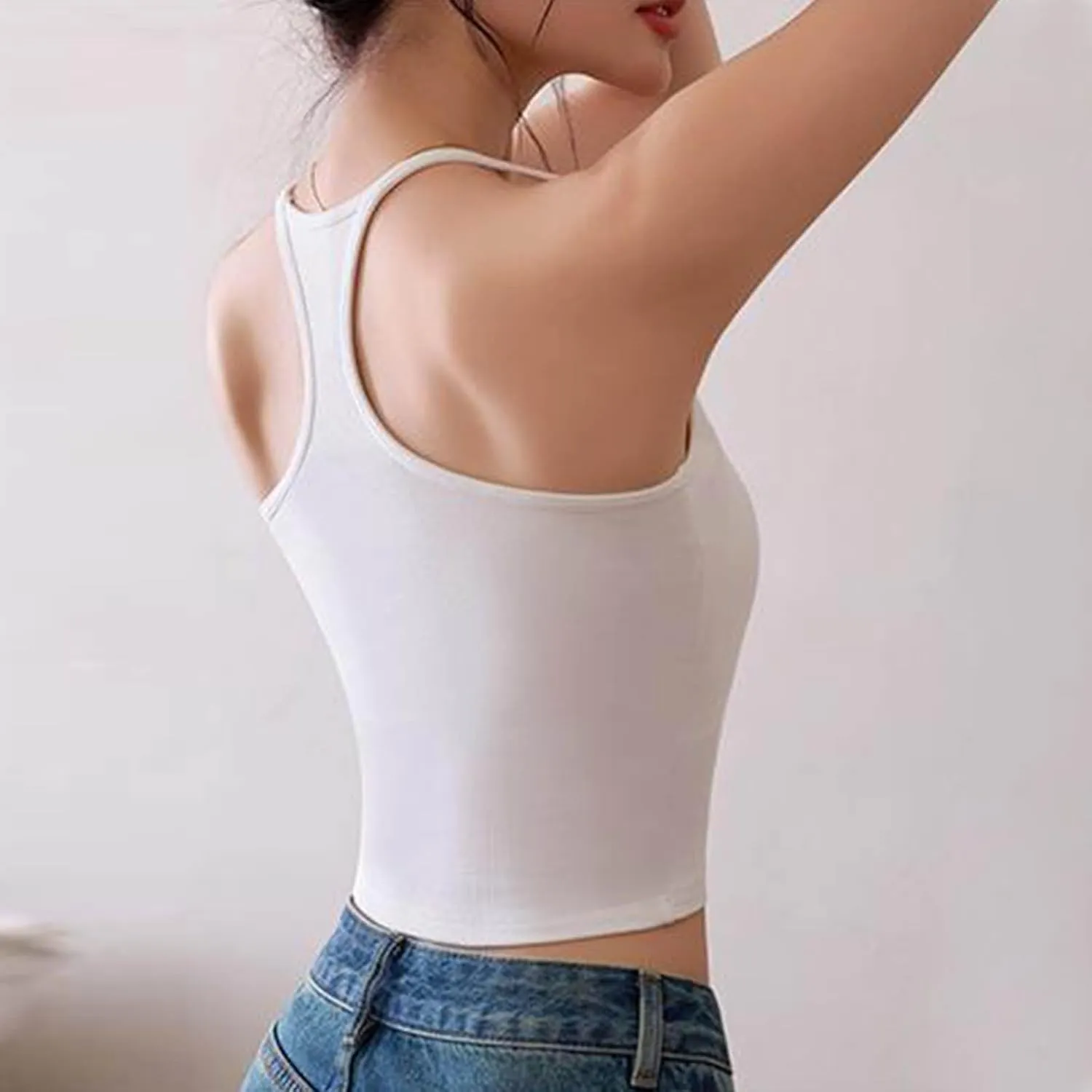 Women Ribbed Racer Back Cami Tops Summer Built in Bra Yoga Workout Tank Top Sexy Form Fitting Square Neck Undershirt