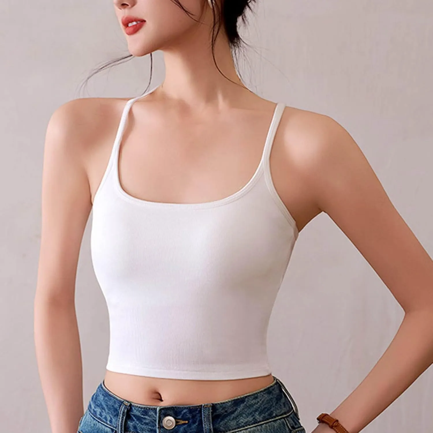 Women Ribbed Racer Back Cami Tops Summer Built in Bra Yoga Workout Tank Top Sexy Form Fitting Square Neck Undershirt