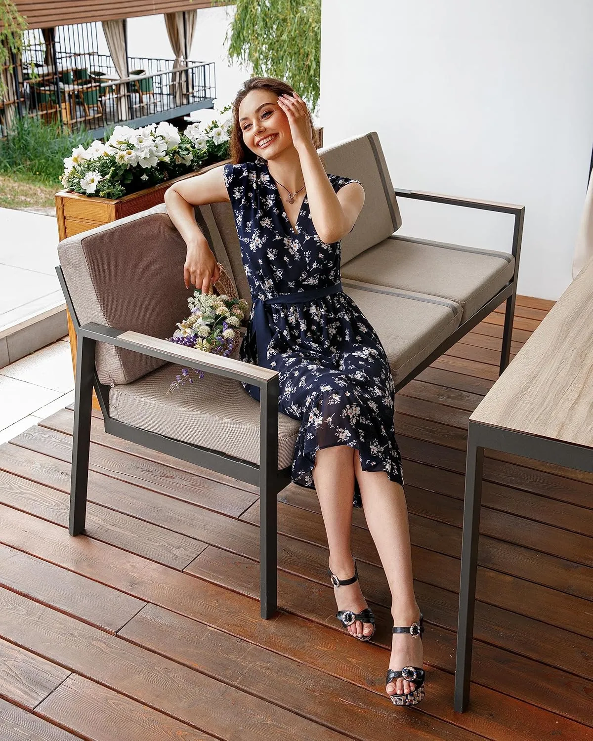 Women Spring Summer Chiffon Dresses 2023 Deep V Neck Belt Wrap Floral Print Casual Tie Waist Party Beach Midi Dress