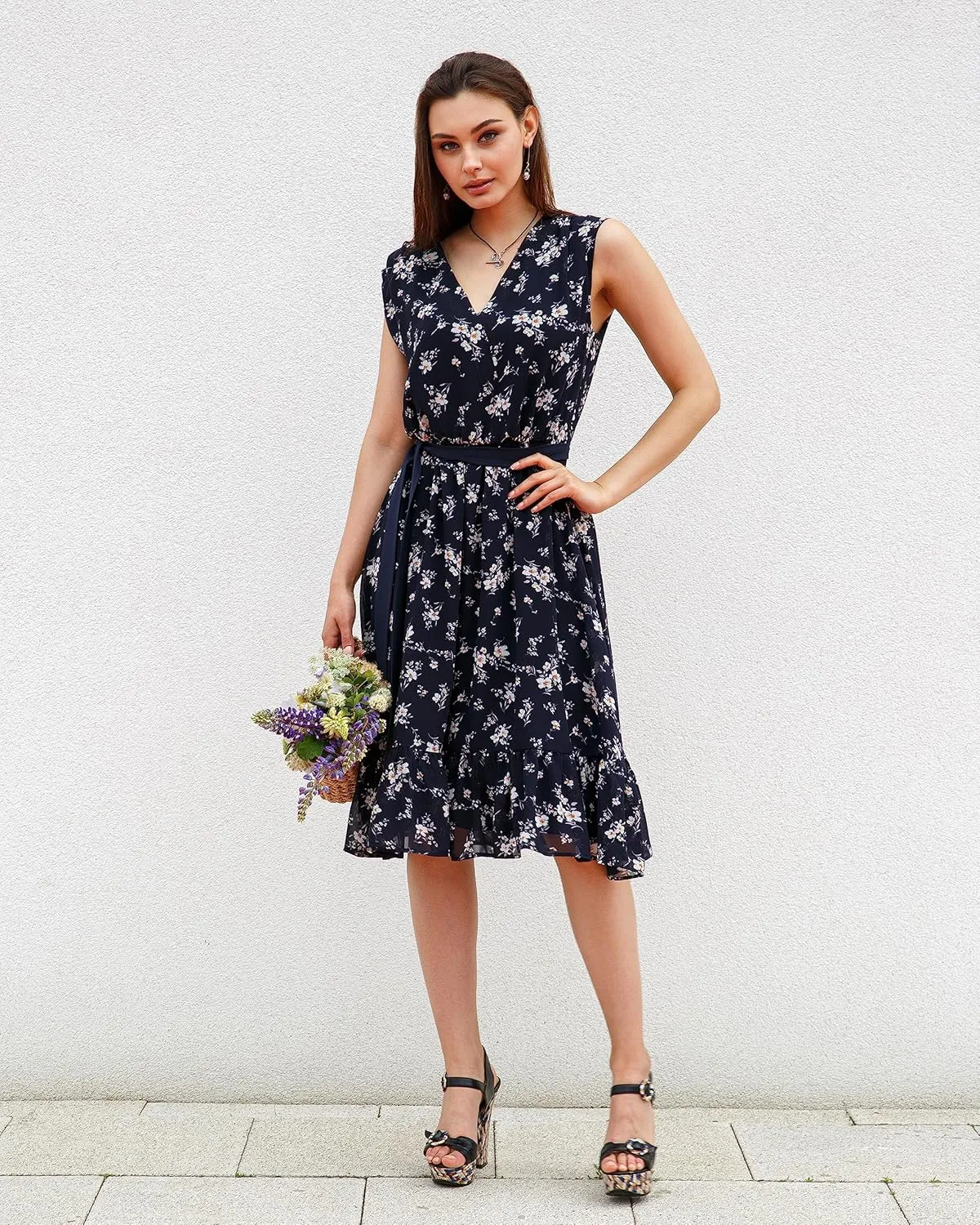Women Spring Summer Chiffon Dresses 2023 Deep V Neck Belt Wrap Floral Print Casual Tie Waist Party Beach Midi Dress