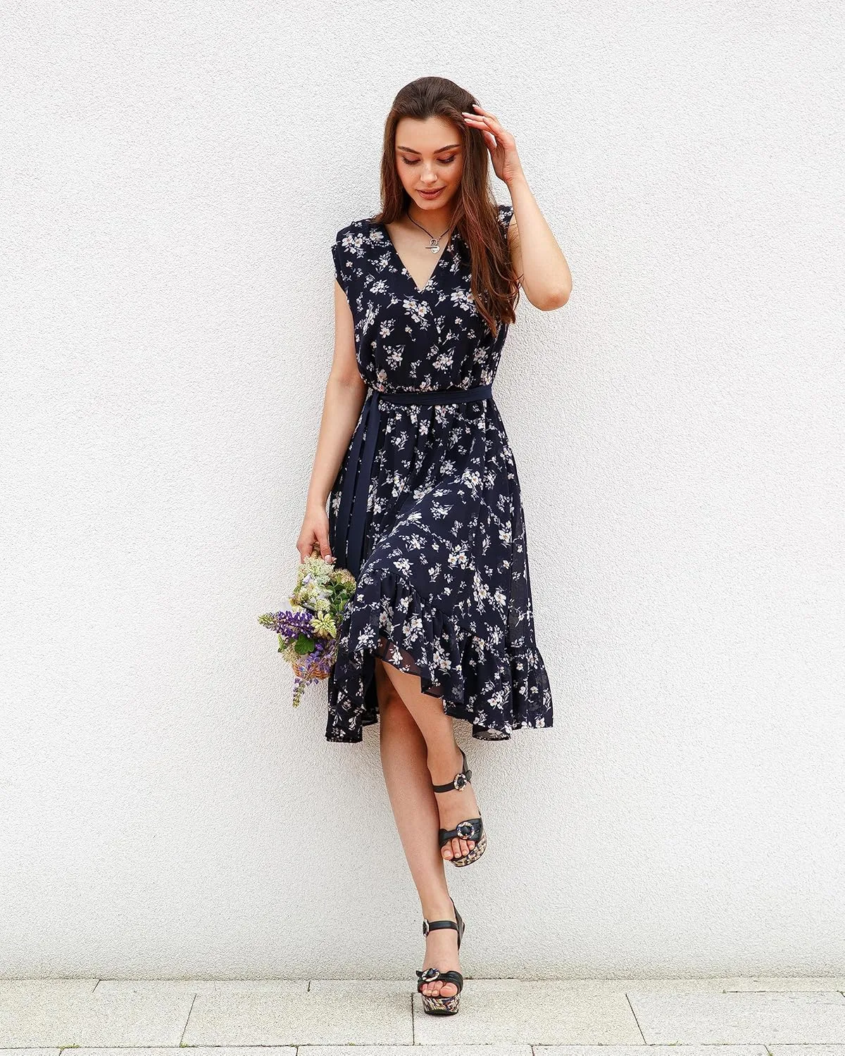 Women Spring Summer Chiffon Dresses 2023 Deep V Neck Belt Wrap Floral Print Casual Tie Waist Party Beach Midi Dress