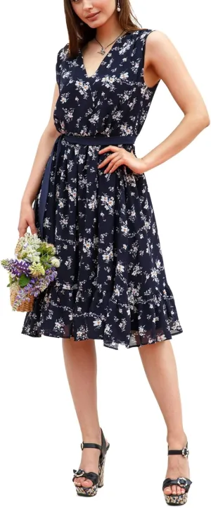 Women Spring Summer Chiffon Dresses 2023 Deep V Neck Belt Wrap Floral Print Casual Tie Waist Party Beach Midi Dress