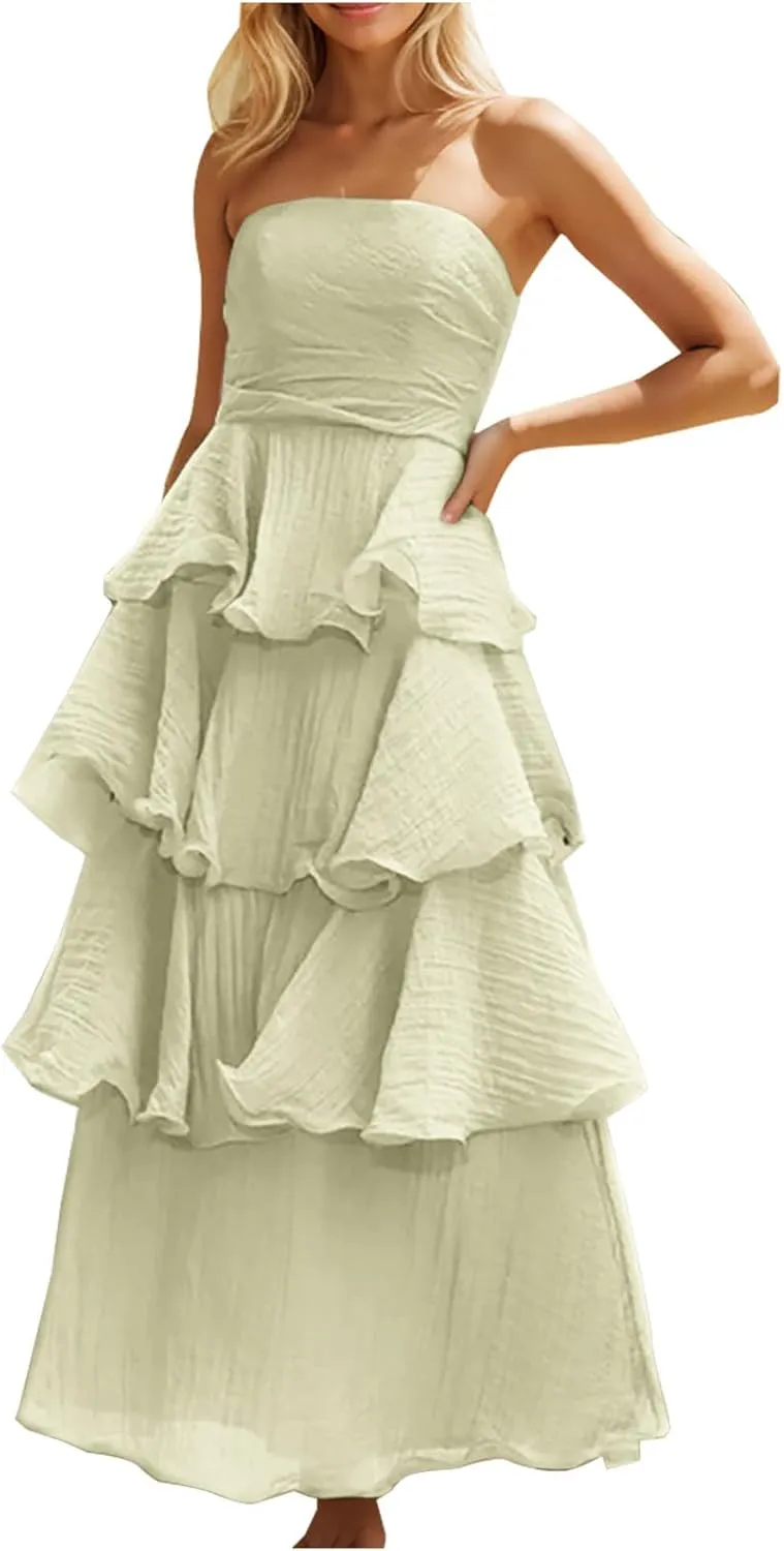 Women Strapless Prom Dresses High Waist Layered Ruffle Bridesmaid Dresses Tube Tops Tiered Formal Evening Dresses