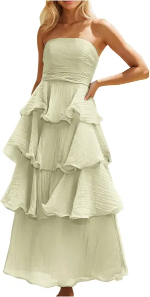 Women Strapless Prom Dresses High Waist Layered Ruffle Bridesmaid Dresses Tube Tops Tiered Formal Evening Dresses