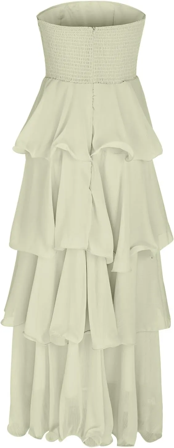 Women Strapless Prom Dresses High Waist Layered Ruffle Bridesmaid Dresses Tube Tops Tiered Formal Evening Dresses