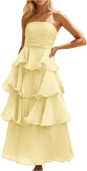 Women Strapless Prom Dresses High Waist Layered Ruffle Bridesmaid Dresses Tube Tops Tiered Formal Evening Dresses