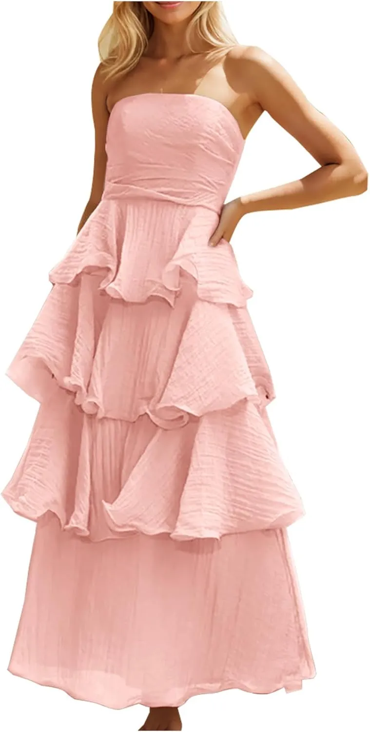 Women Strapless Prom Dresses High Waist Layered Ruffle Bridesmaid Dresses Tube Tops Tiered Formal Evening Dresses