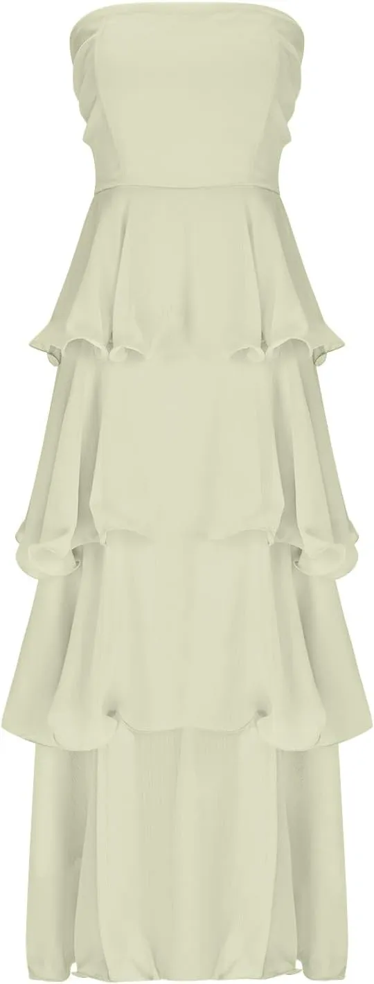 Women Strapless Prom Dresses High Waist Layered Ruffle Bridesmaid Dresses Tube Tops Tiered Formal Evening Dresses