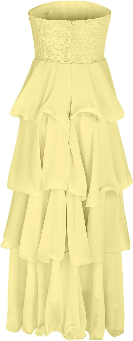 Women Strapless Prom Dresses High Waist Layered Ruffle Bridesmaid Dresses Tube Tops Tiered Formal Evening Dresses