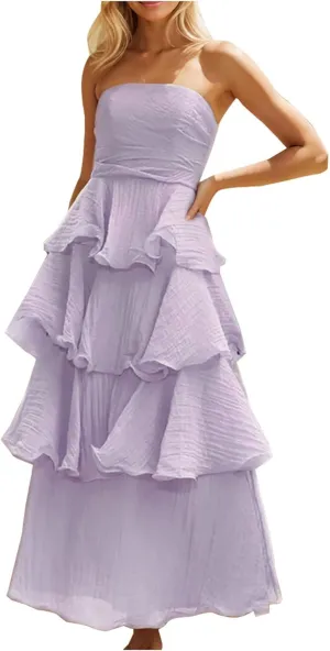 Women Strapless Prom Dresses High Waist Layered Ruffle Bridesmaid Dresses Tube Tops Tiered Formal Evening Dresses