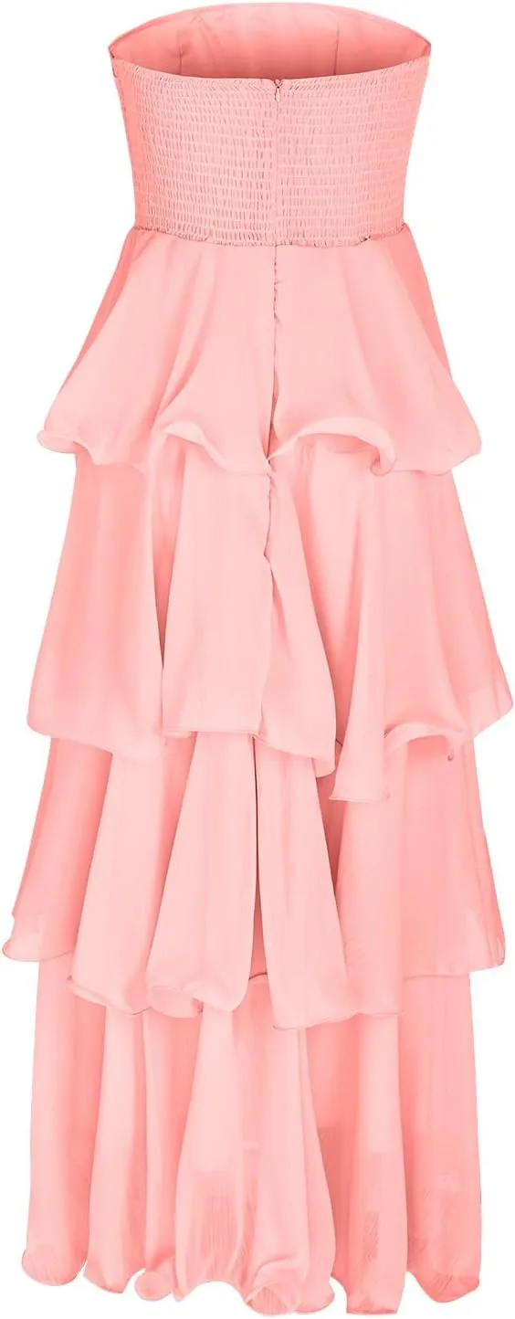 Women Strapless Prom Dresses High Waist Layered Ruffle Bridesmaid Dresses Tube Tops Tiered Formal Evening Dresses