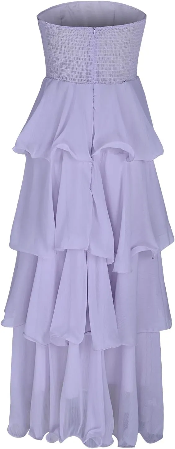 Women Strapless Prom Dresses High Waist Layered Ruffle Bridesmaid Dresses Tube Tops Tiered Formal Evening Dresses