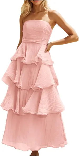 Women Strapless Prom Dresses High Waist Layered Ruffle Bridesmaid Dresses Tube Tops Tiered Formal Evening Dresses