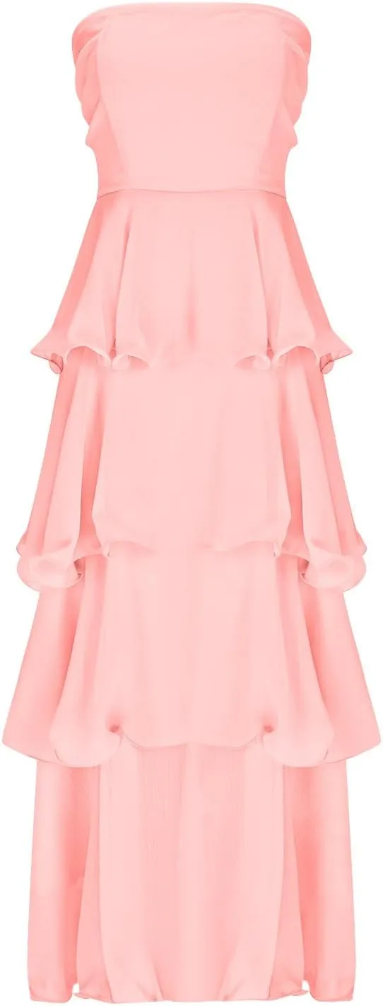 Women Strapless Prom Dresses High Waist Layered Ruffle Bridesmaid Dresses Tube Tops Tiered Formal Evening Dresses