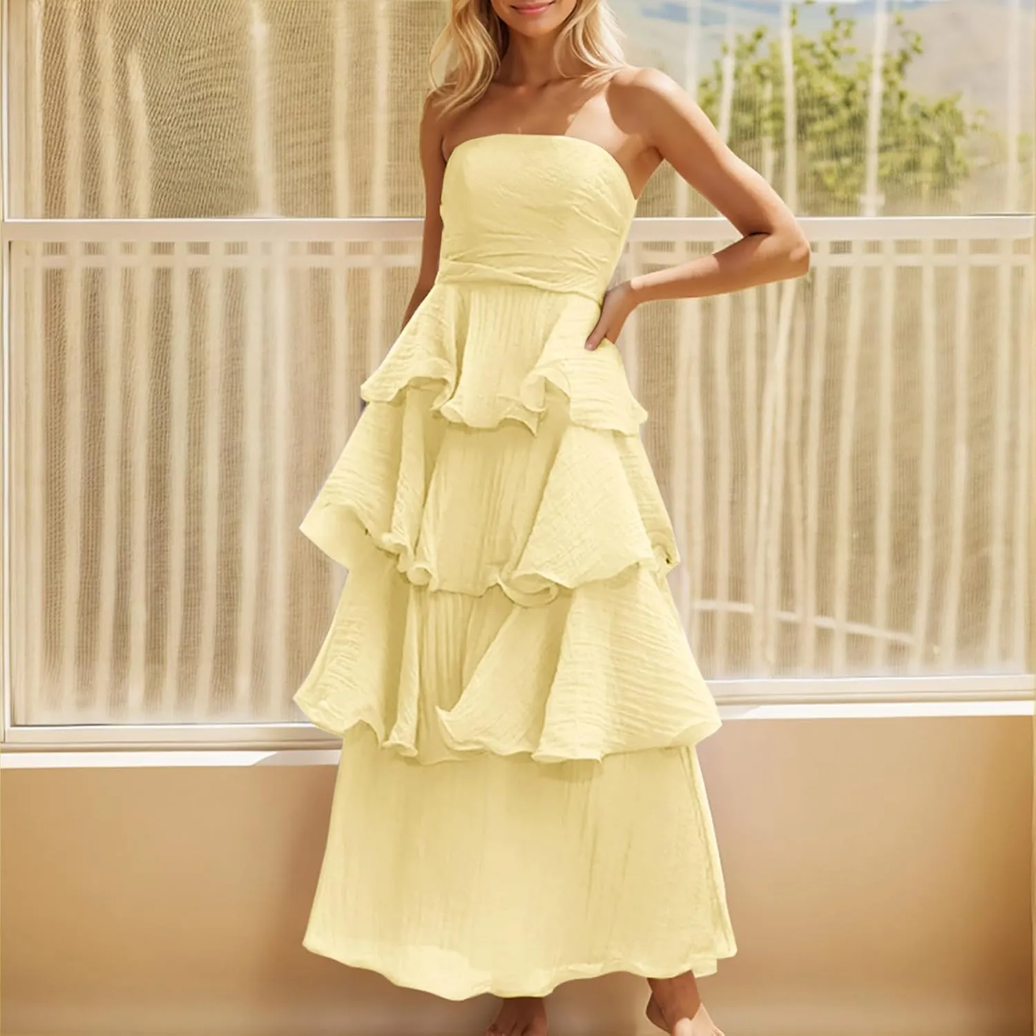 Women Strapless Prom Dresses High Waist Layered Ruffle Bridesmaid Dresses Tube Tops Tiered Formal Evening Dresses