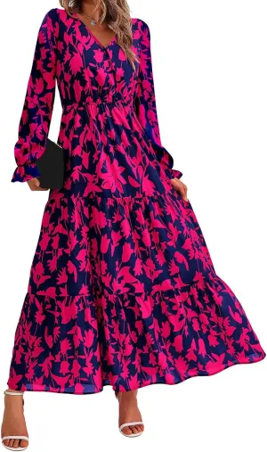 Women Summer Boho Wrap Waist Maxi Dresses Long Sleeve V Neck Smocked Dress Print Vacation Beach Long Dress
