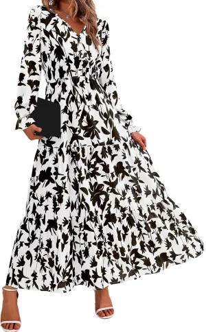 Women Summer Boho Wrap Waist Maxi Dresses Long Sleeve V Neck Smocked Dress Print Vacation Beach Long Dress
