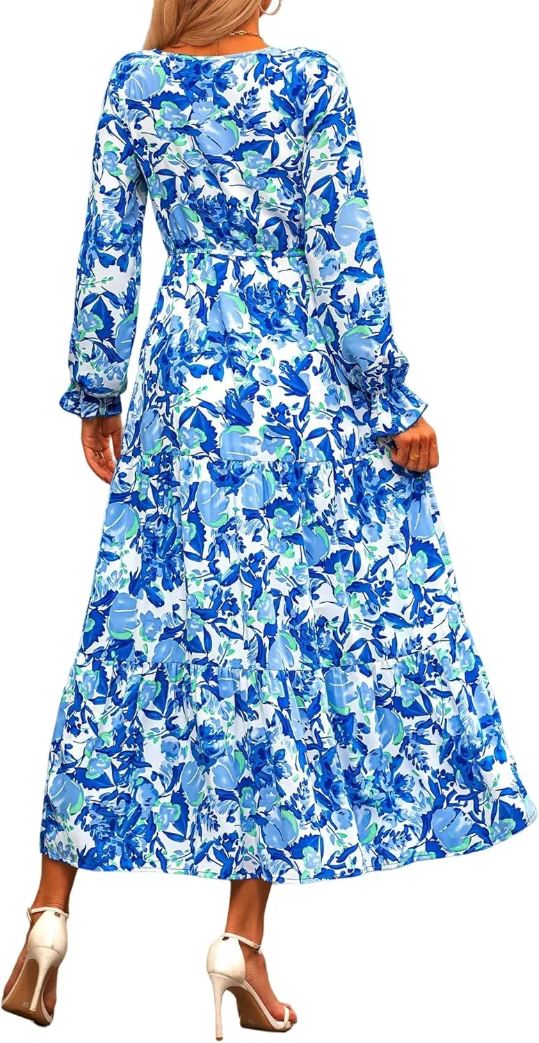 Women Summer Boho Wrap Waist Maxi Dresses Long Sleeve V Neck Smocked Dress Print Vacation Beach Long Dress