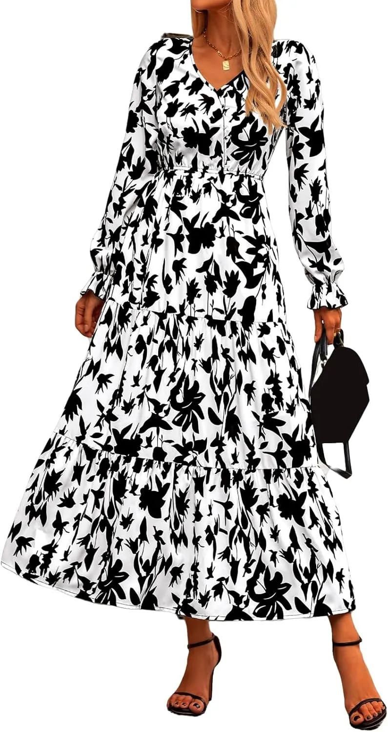 Women Summer Boho Wrap Waist Maxi Dresses Long Sleeve V Neck Smocked Dress Print Vacation Beach Long Dress