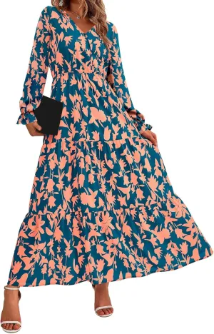 Women Summer Boho Wrap Waist Maxi Dresses Long Sleeve V Neck Smocked Dress Print Vacation Beach Long Dress