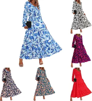 Women Summer Boho Wrap Waist Maxi Dresses Long Sleeve V Neck Smocked Dress Print Vacation Beach Long Dress