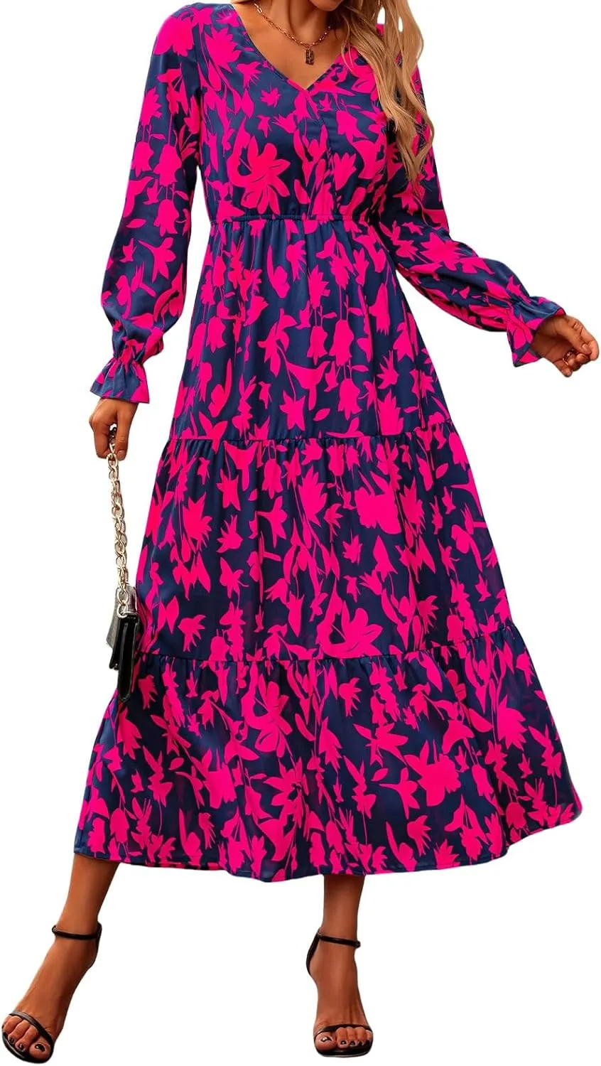 Women Summer Boho Wrap Waist Maxi Dresses Long Sleeve V Neck Smocked Dress Print Vacation Beach Long Dress