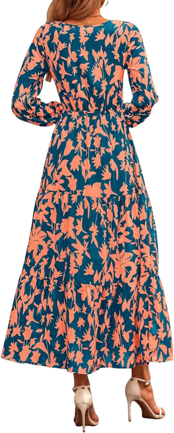 Women Summer Boho Wrap Waist Maxi Dresses Long Sleeve V Neck Smocked Dress Print Vacation Beach Long Dress