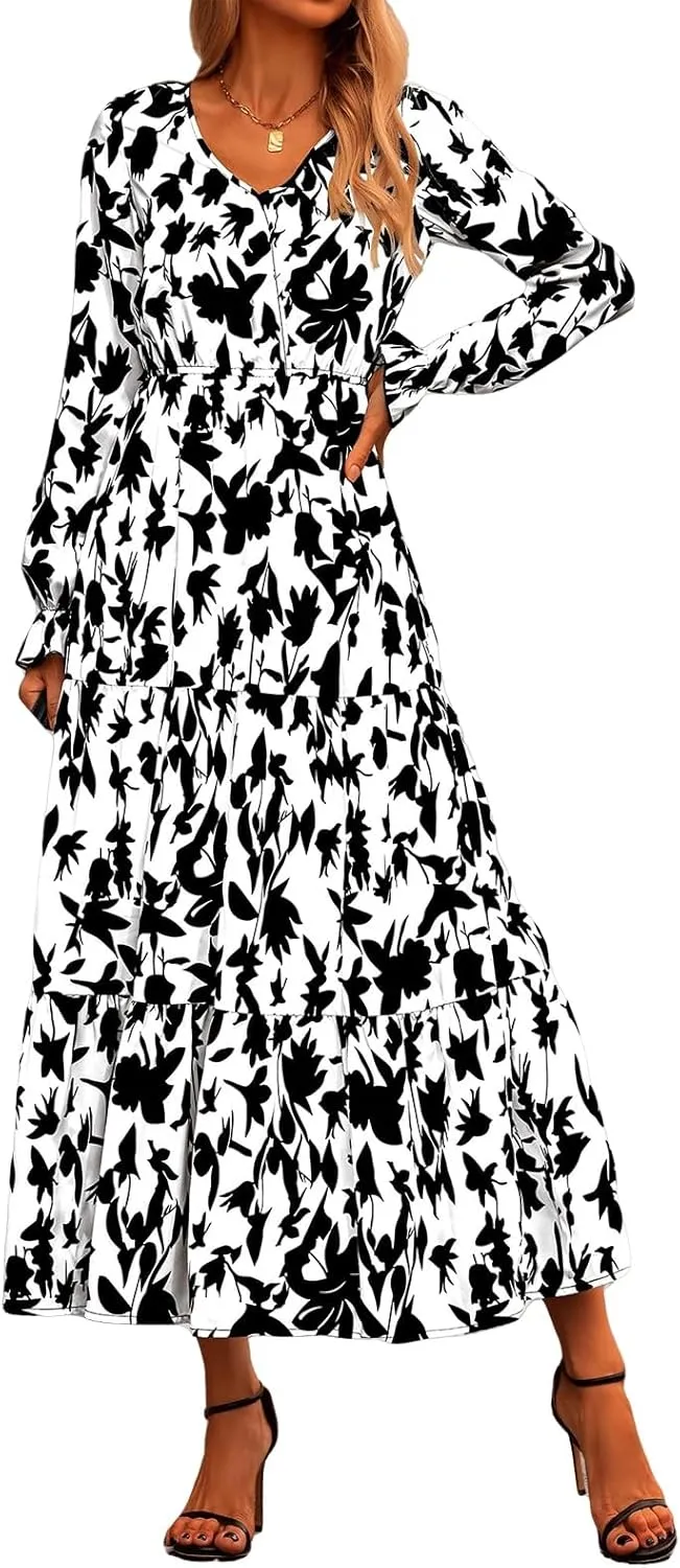 Women Summer Boho Wrap Waist Maxi Dresses Long Sleeve V Neck Smocked Dress Print Vacation Beach Long Dress