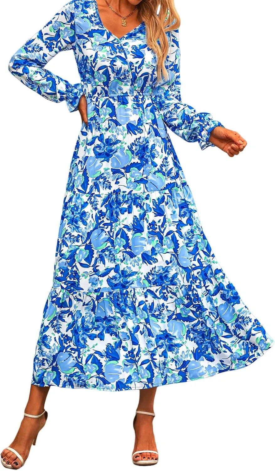 Women Summer Boho Wrap Waist Maxi Dresses Long Sleeve V Neck Smocked Dress Print Vacation Beach Long Dress