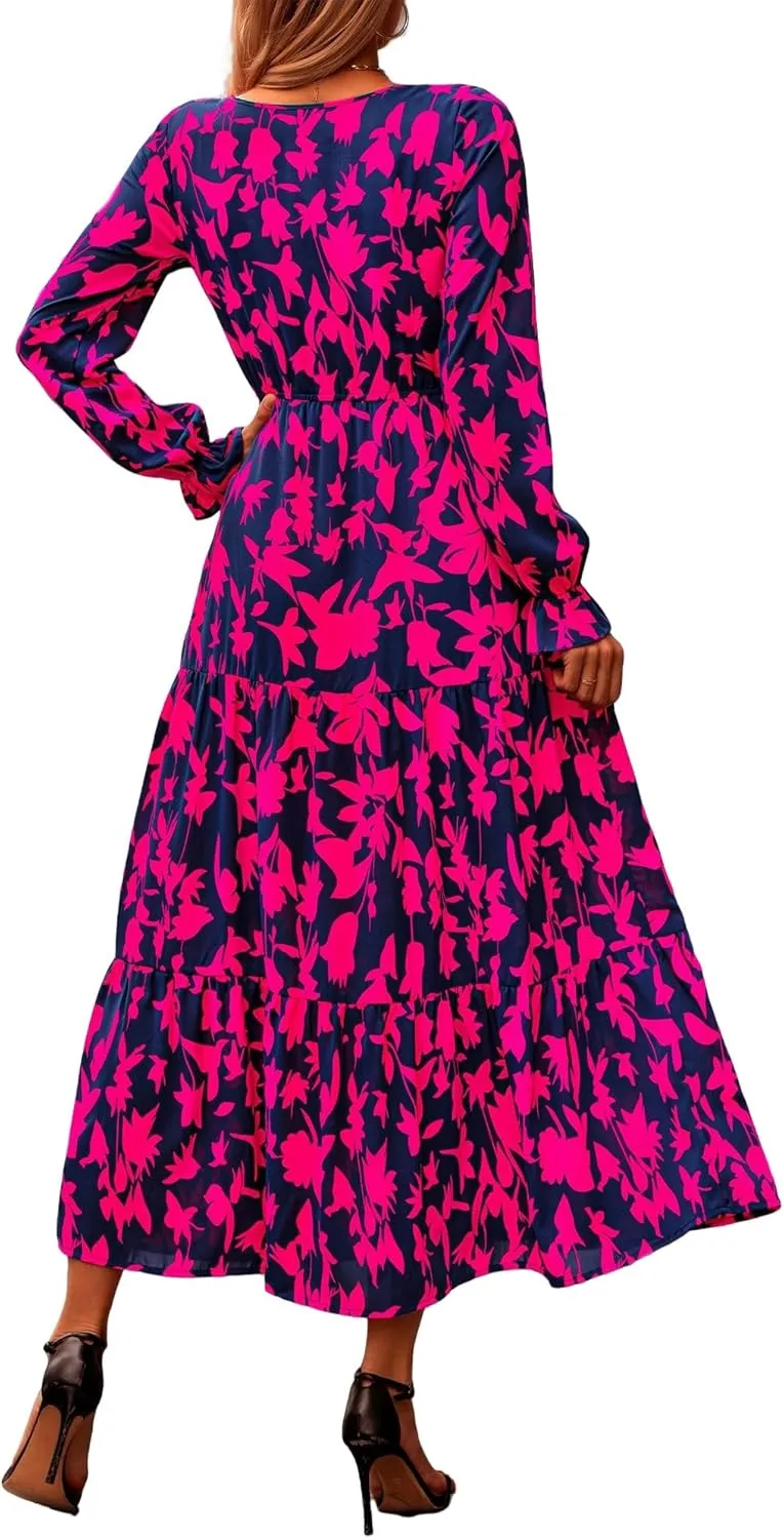 Women Summer Boho Wrap Waist Maxi Dresses Long Sleeve V Neck Smocked Dress Print Vacation Beach Long Dress