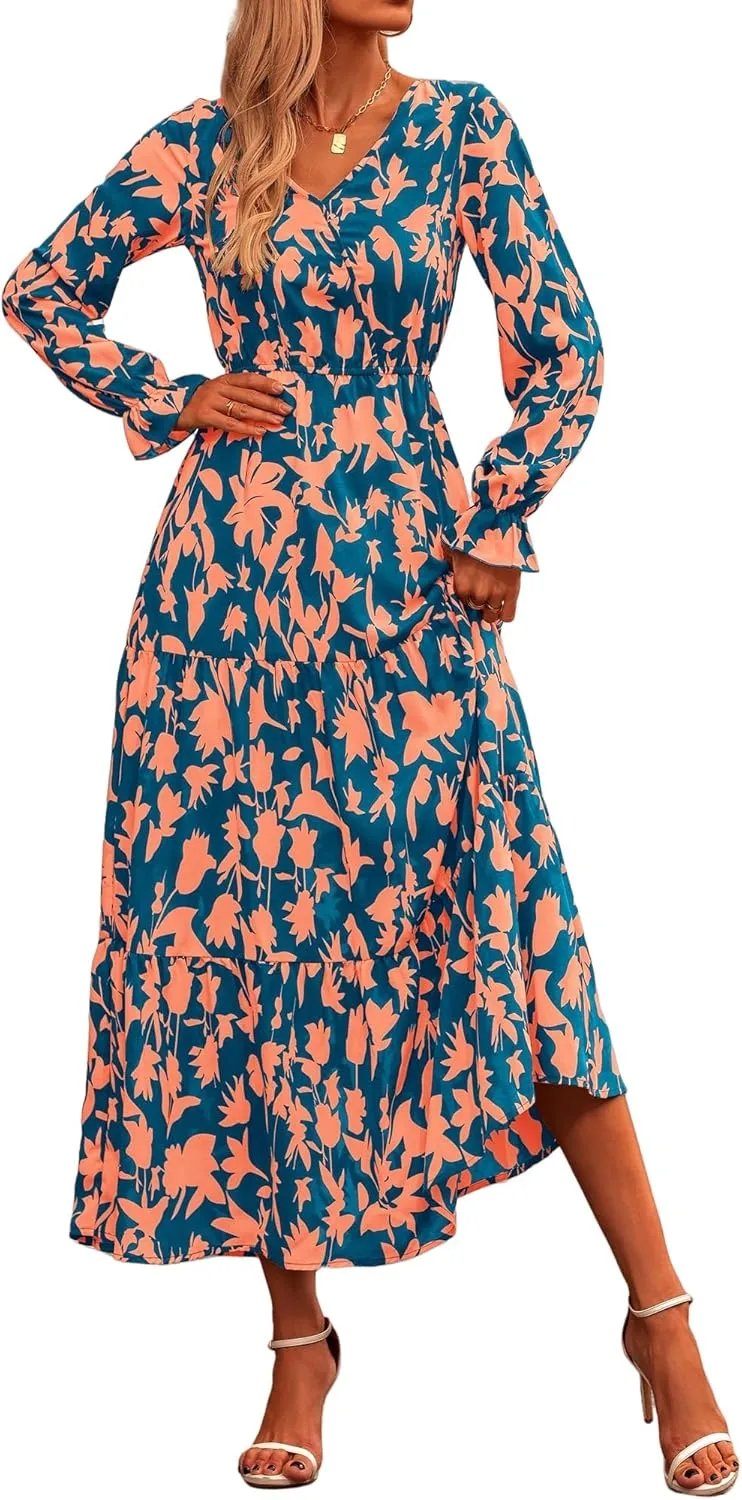 Women Summer Boho Wrap Waist Maxi Dresses Long Sleeve V Neck Smocked Dress Print Vacation Beach Long Dress
