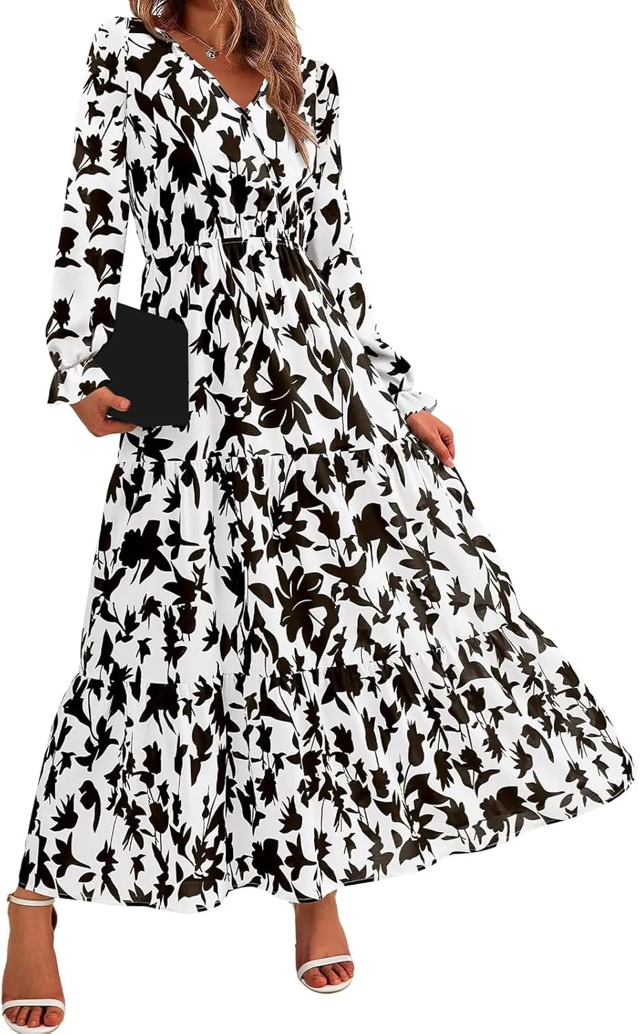 Women Summer Boho Wrap Waist Maxi Dresses Long Sleeve V Neck Smocked Dress Print Vacation Beach Long Dress