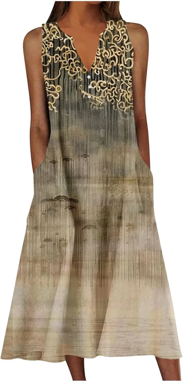 Women Summer Button Midi Dresses Crew Neck Sleeveless Floral A Line Dress Casual Cute Striped Sundress with Pockets