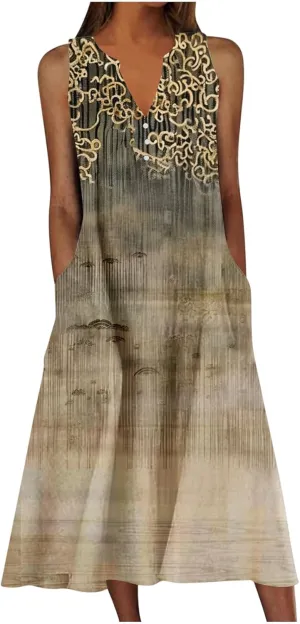 Women Summer Button Midi Dresses Crew Neck Sleeveless Floral A Line Dress Casual Cute Striped Sundress with Pockets
