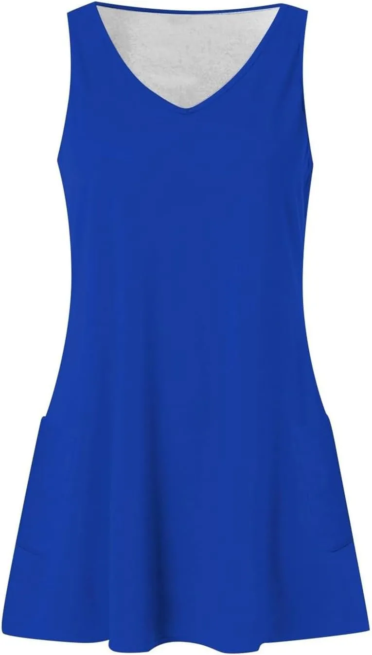 Women Summer Dresses 2025 Casual V Neck Sleeveless Sundress A-Line Mini Beach Vacation Dress with Two Side Pocket
