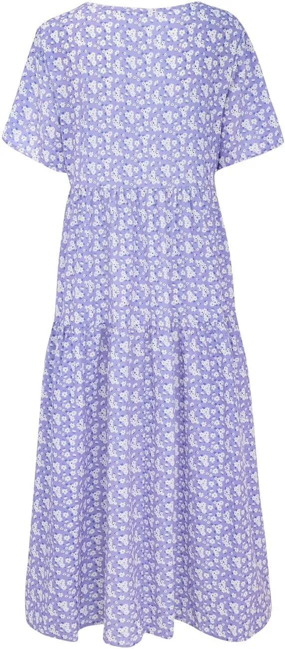 Women Summer Dresses Short Sleeves Crew Neck Casual Beach Maxi Dresses Floral Prints Flowy Boho Long Swing Dress