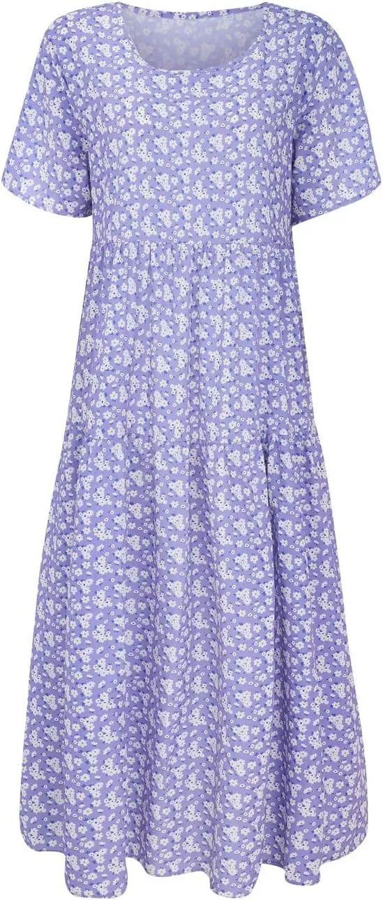 Women Summer Dresses Short Sleeves Crew Neck Casual Beach Maxi Dresses Floral Prints Flowy Boho Long Swing Dress