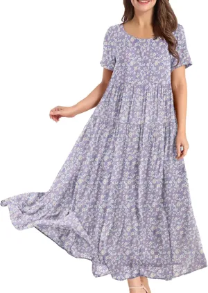 Women Summer Dresses Short Sleeves Crew Neck Casual Beach Maxi Dresses Floral Prints Flowy Boho Long Swing Dress