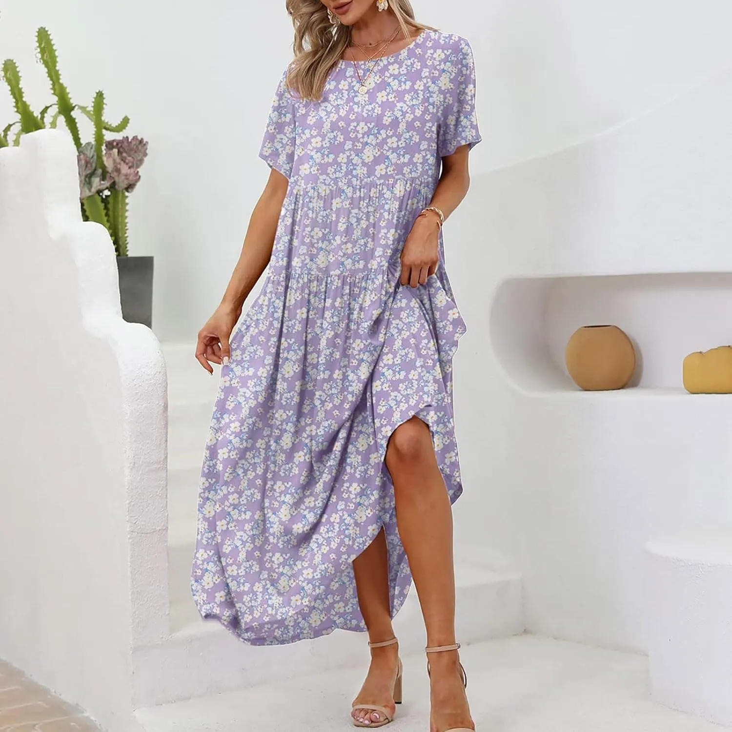 Women Summer Dresses Short Sleeves Crew Neck Casual Beach Maxi Dresses Floral Prints Flowy Boho Long Swing Dress