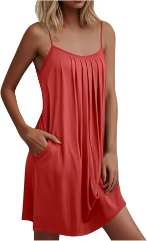 Women Summer Dresses Spaghetti Strap Pleated Mini Cami Sundresses Causal Swing A Line Beach Dress with Pockets