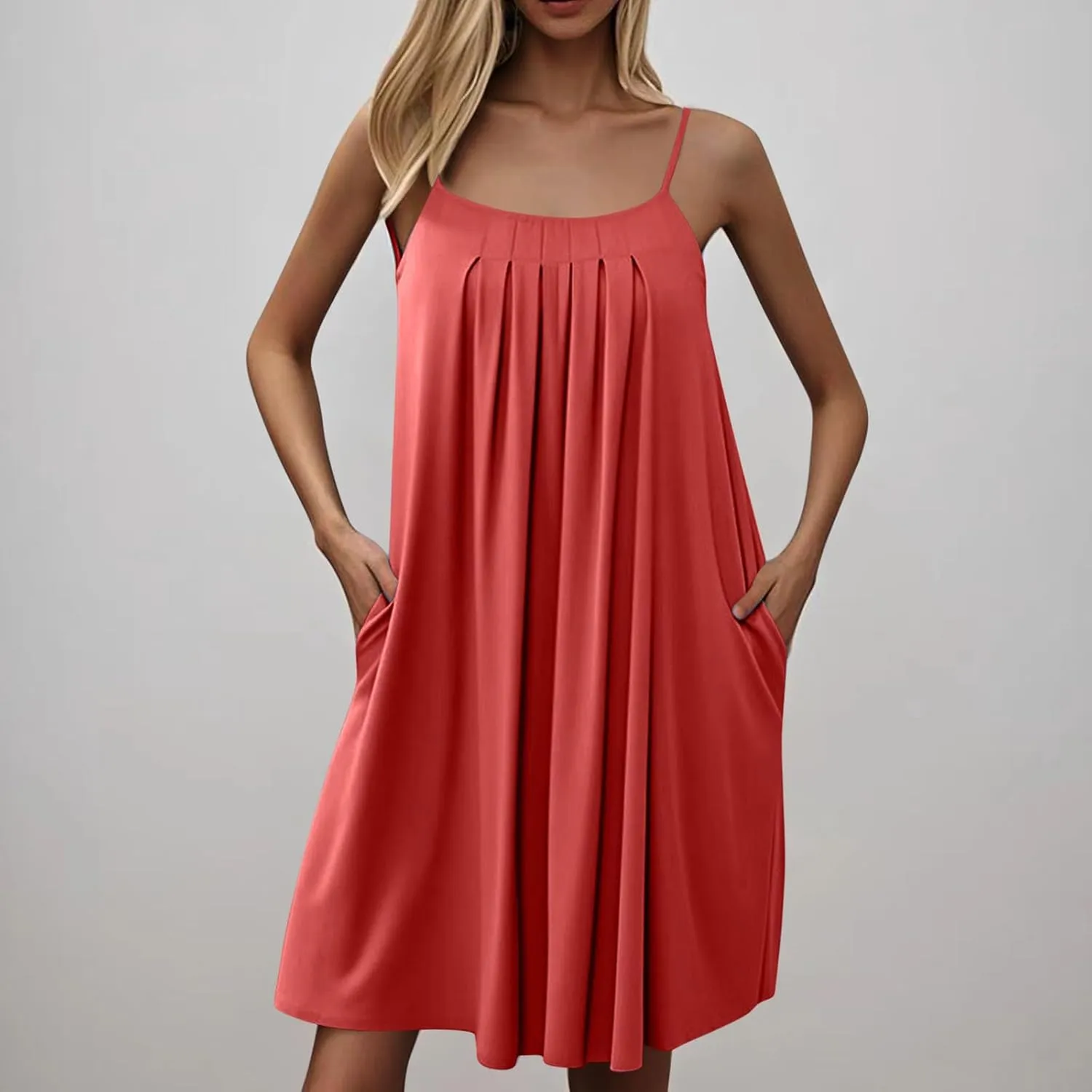 Women Summer Dresses Spaghetti Strap Pleated Mini Cami Sundresses Causal Swing A Line Beach Dress with Pockets