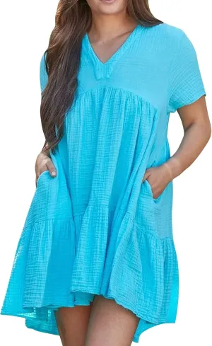 Women Summer Mini Dresses Short Sleeve V Neck Loose Smocked Tiered Flowy Pleated Cute Babydoll Dress with Pockets