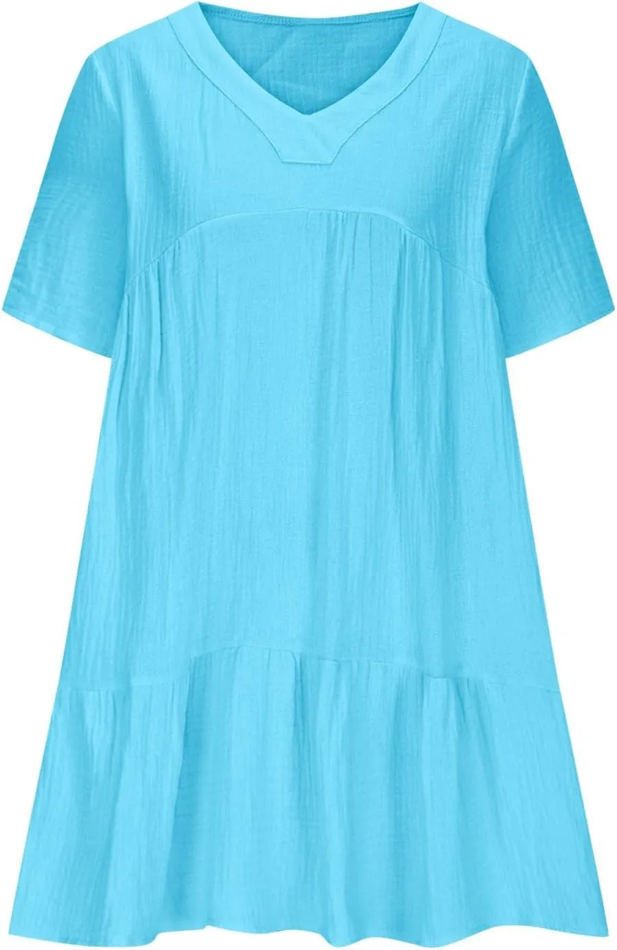 Women Summer Mini Dresses Short Sleeve V Neck Loose Smocked Tiered Flowy Pleated Cute Babydoll Dress with Pockets